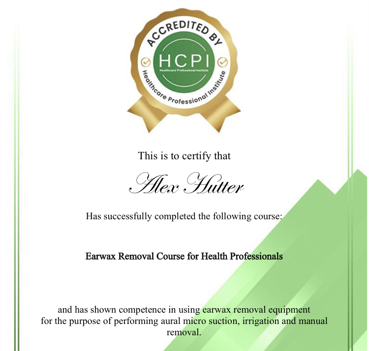 HCPI accreditation for Alex Hutter at Earresistible in Nottingham providing ear wax removal