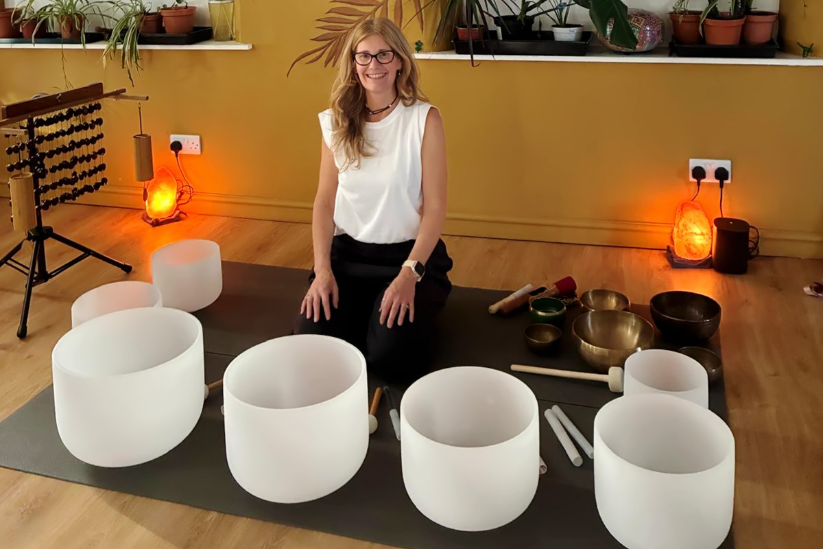 woman at sound bath session in Nottingham 